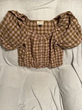Universal Thread Size Medium Pink & Brown Gingham Puff Sleeve Crop Top